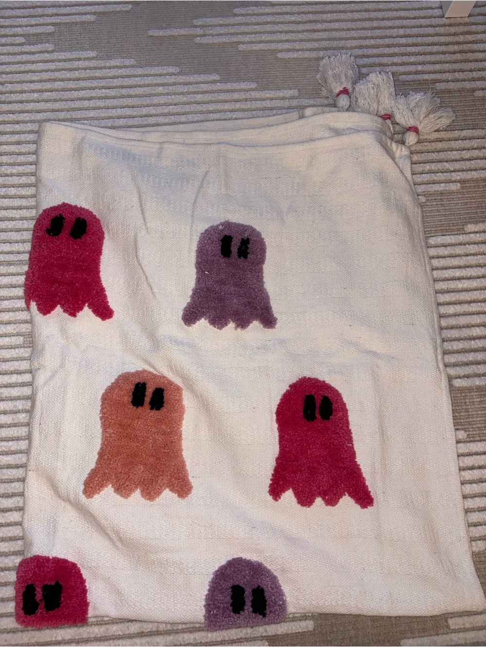 Rachel Zoe- Cream Knit Blanket with Pink, Purple and Orange Ghost Appliqués